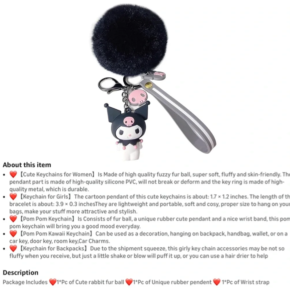 Kuromi Keychain/Bag Charm w/Wrist Strap • NIP
